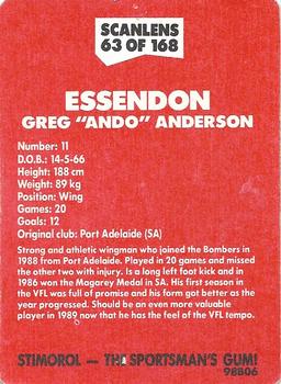 1989 Scanlens VFL #63 Greg Anderson Back